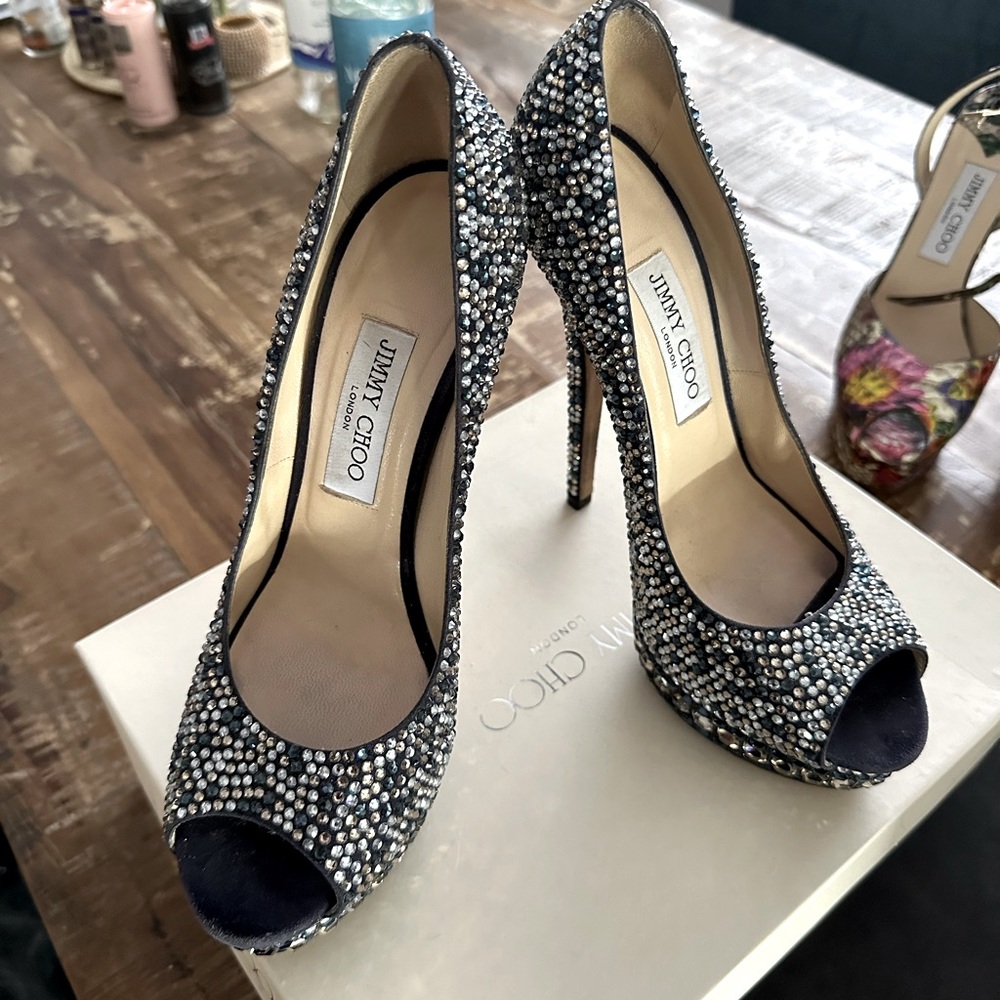 Jimmy Choo Kendall Swarovski Crystal Blue & Gold Peeptoe heels 39